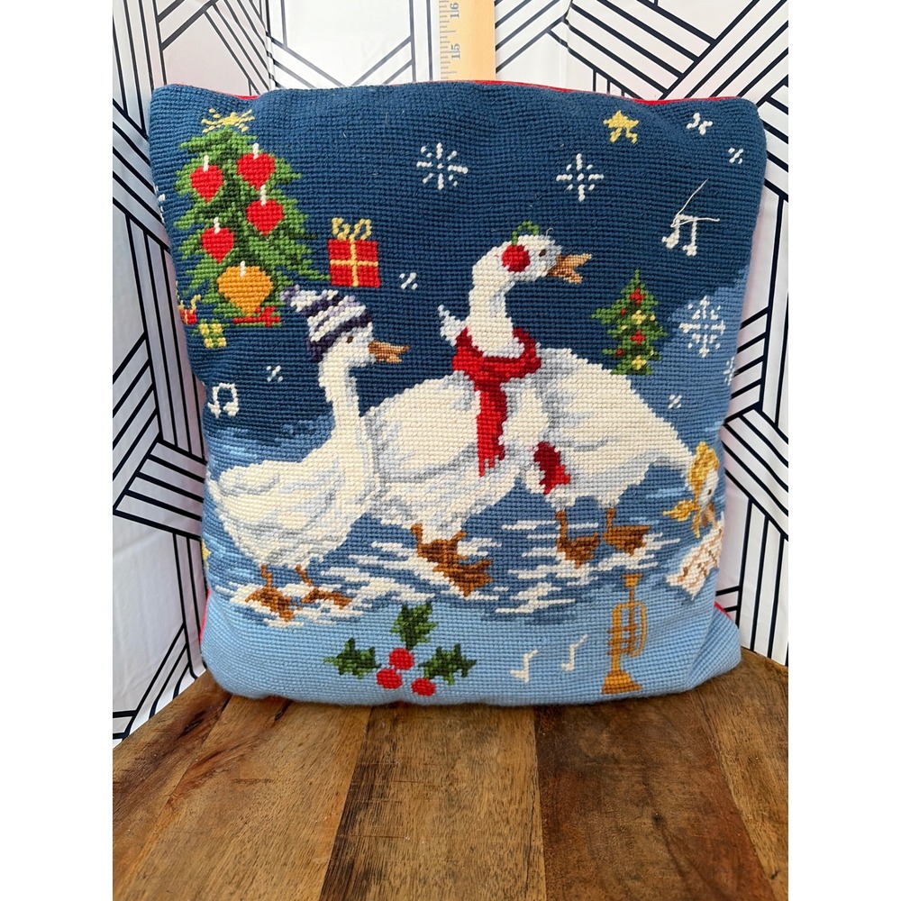 Steinwinder Enterprises Vintage Christmas Needlepoint Geese Ice Skating Pillow